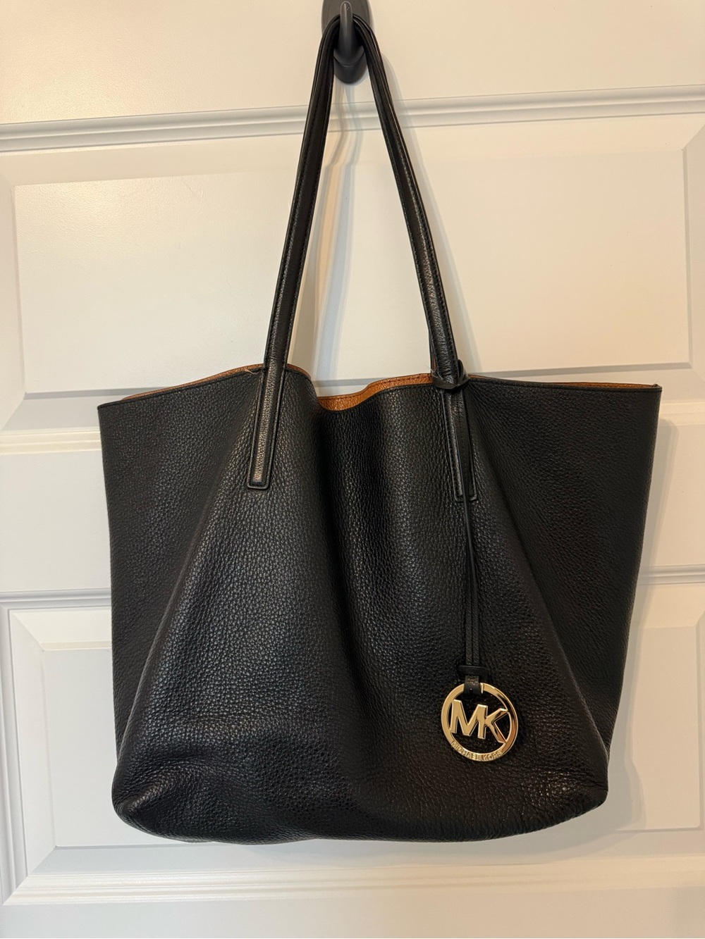 Michael Kors Black Pebbled Leather Reversible Tote with Gold MK Charm